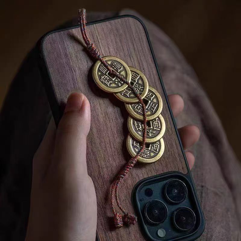 Pure copper Five Emperors coin door pendant with red and yellow rope, copper coin home decoration, Six Emperors coin keychain pendant