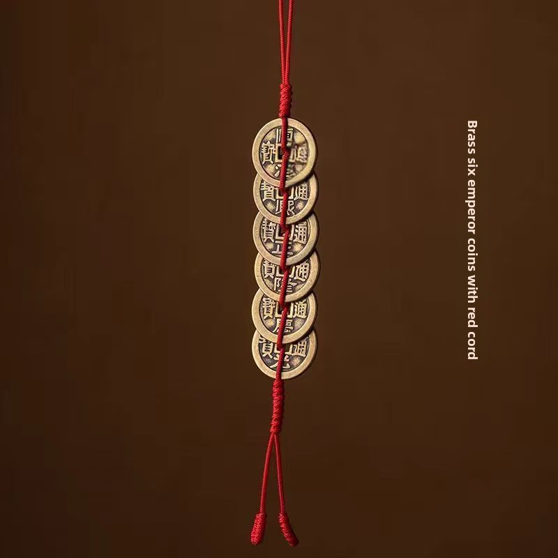 Pure copper Five Emperors coin door pendant with red and yellow rope, copper coin home decoration, Six Emperors coin keychain pendant