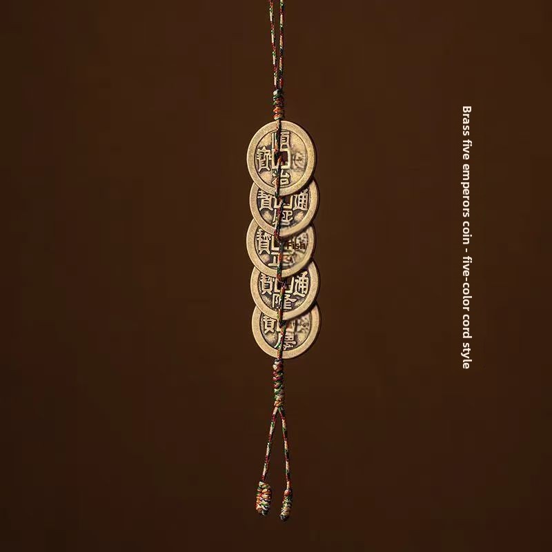 Pure copper Five Emperors coin door pendant with red and yellow rope, copper coin home decoration, Six Emperors coin keychain pendant