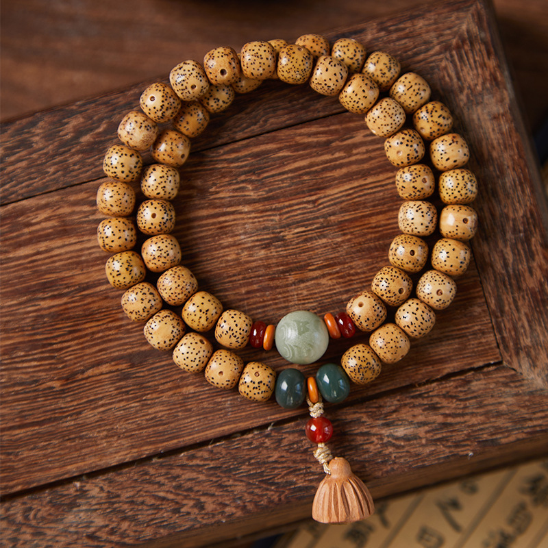 Natural golden seed star-moon bodhi double-loop bead bracelet for men and women, new moon high-density smooth white beads