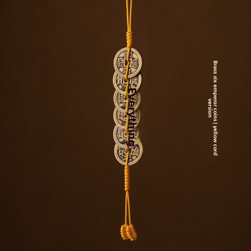 Pure copper Five Emperors coin door pendant with red and yellow rope, copper coin home decoration, Six Emperors coin keychain pendant