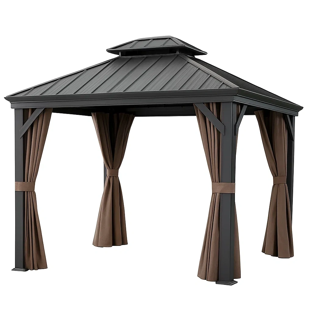 Gazebo in metallo con tenda e tetto doppio-FURNICRAFTY