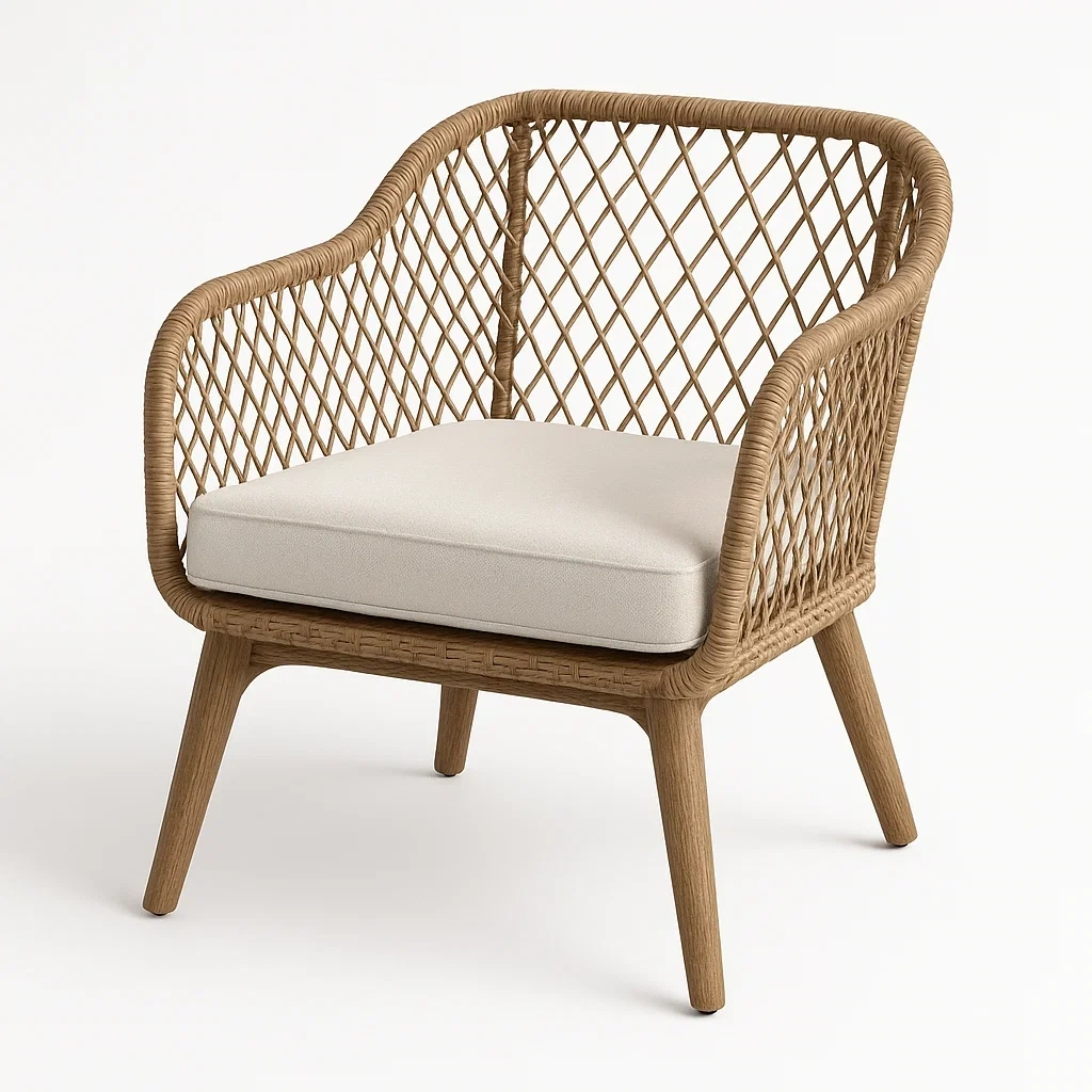 Poltrona in rattan e legno con cuscino in tessuto beige-DREAMCRIBZZ