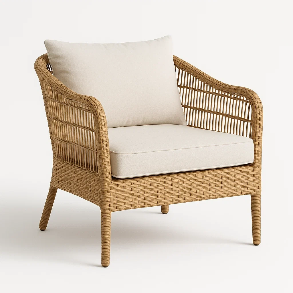 Poltrona in rattan con cuscini in poliestere crema-DREAMCRIBZZ