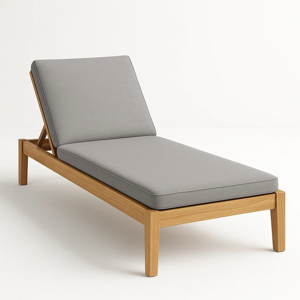 Lettino prendisole con struttura in legno di teak e cuscino in poliestere grigio-DREAMCRIBZZ