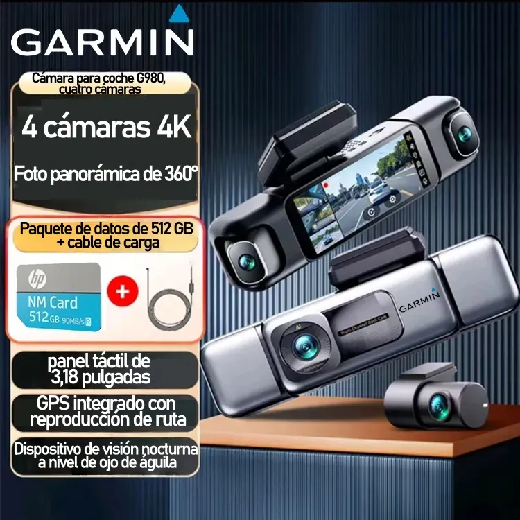 Garmin G980 mesterséges intelligenciával és hangvezérelt autós kamera négy kamerával, 360°-os panorámaképernyővel, 4K Ultra HD éjjellátóval és GPS-követéssel