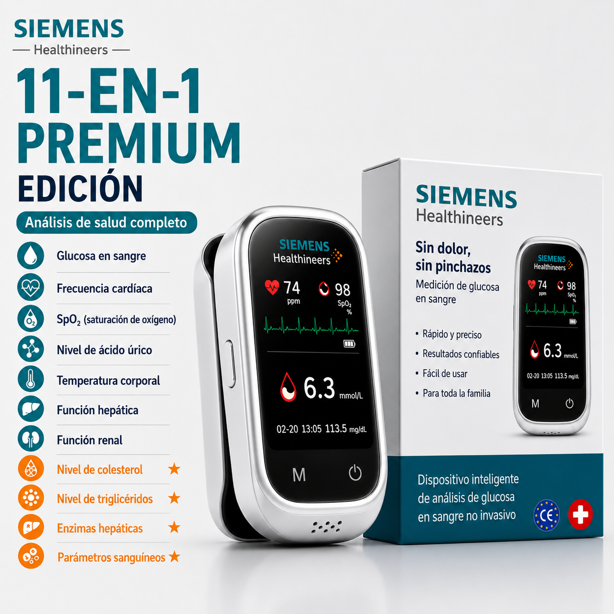 🩸 Siemens™ 11 az 1-ben szúrásmentes vércukormérő Szúrás nélkül • Tesztcsíkok nélkül • Eredmény mindössze 5 másodperc alatt