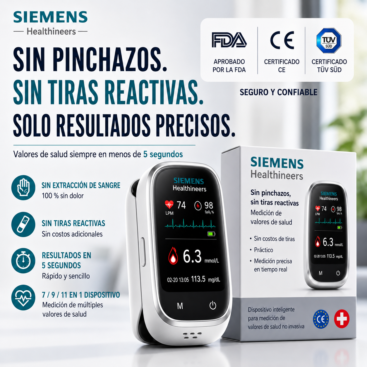 🩸 Siemens™ 11 az 1-ben szúrásmentes vércukormérő Szúrás nélkül • Tesztcsíkok nélkül • Eredmény mindössze 5 másodperc alatt