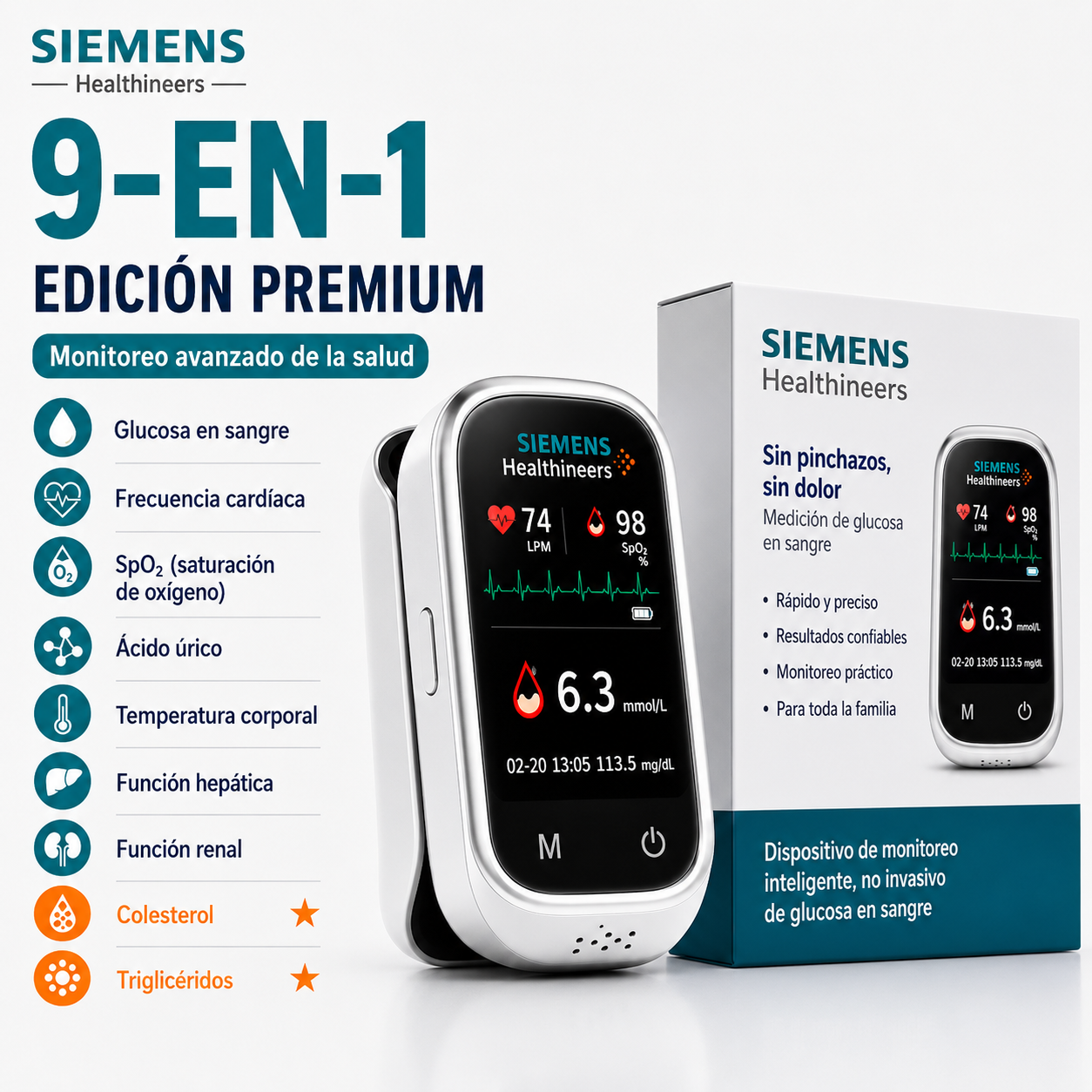 🩸 Siemens™ 11 az 1-ben szúrásmentes vércukormérő Szúrás nélkül • Tesztcsíkok nélkül • Eredmény mindössze 5 másodperc alatt