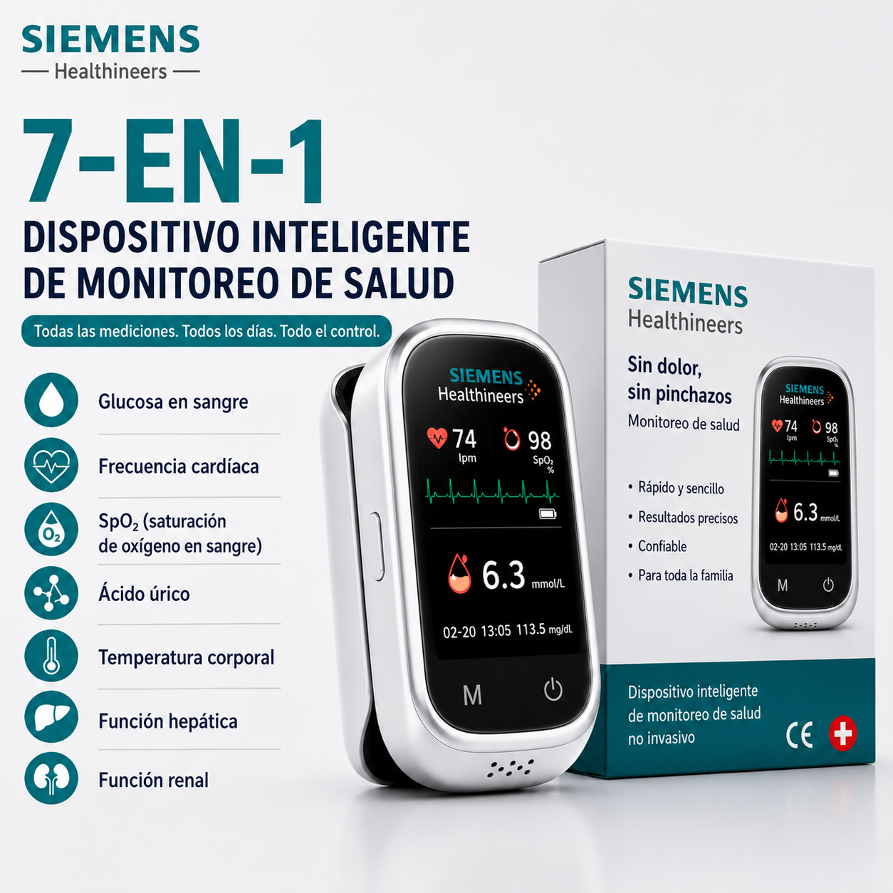 🩸 Siemens™ 11 az 1-ben szúrásmentes vércukormérő Szúrás nélkül • Tesztcsíkok nélkül • Eredmény mindössze 5 másodperc alatt