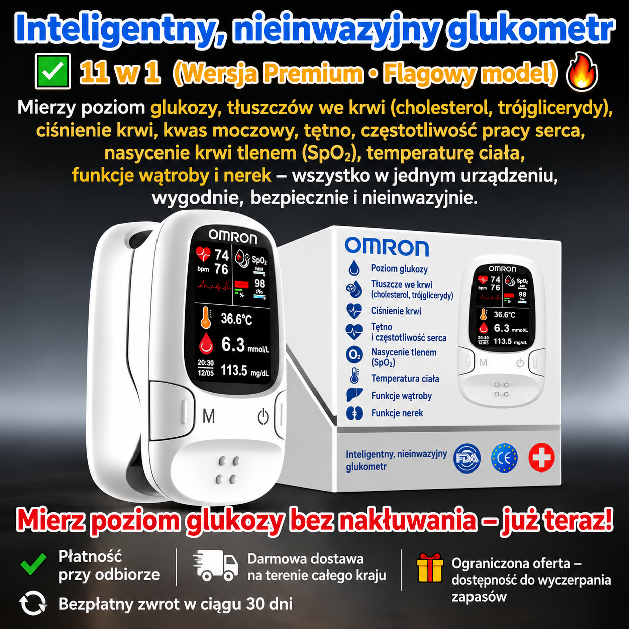 Omron™ wprowadza na rynek nowy, nieinwazyjny, inteligentny glukometr 🔥Wyprodukowano w USA🔥