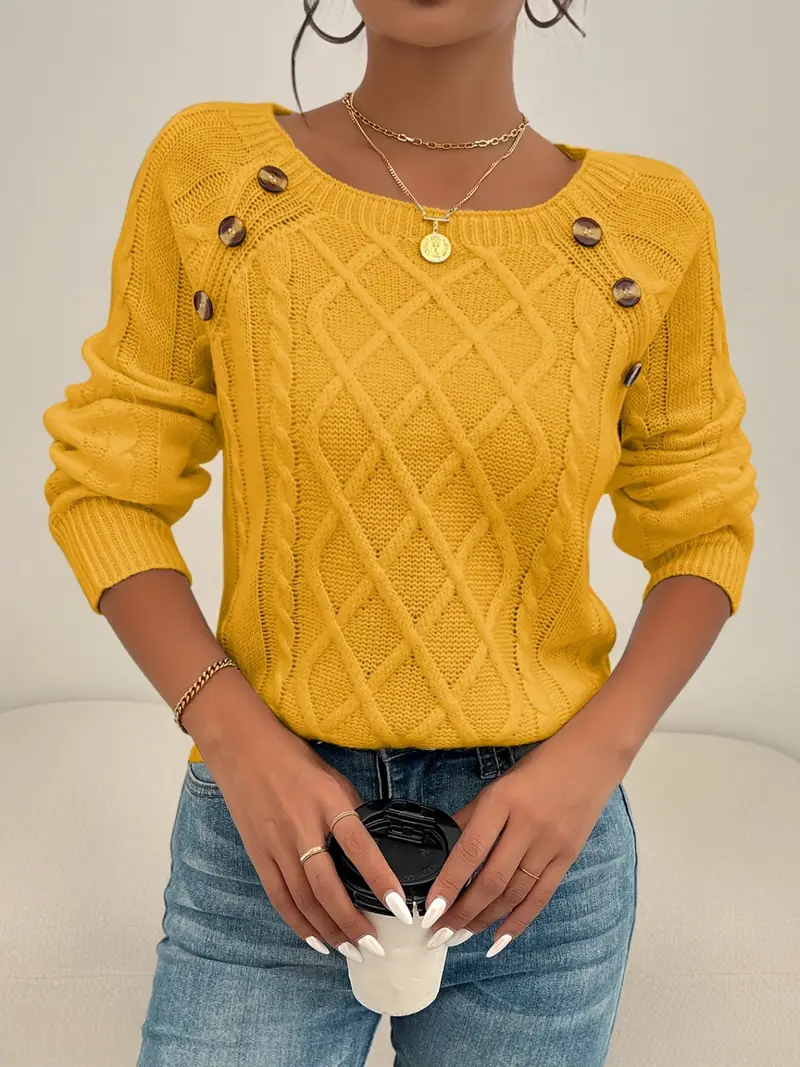 Przytulny sweter z długim rękawem z dzianiny Raglan Cable Knit - miękki, średnio elastyczny materiał akrylowy, kwadratowy dekolt, guziki, regularna długość, jednolity kolor, idealny na jesień/zimę - swobodna dzianina damska do noszenia na co dzień