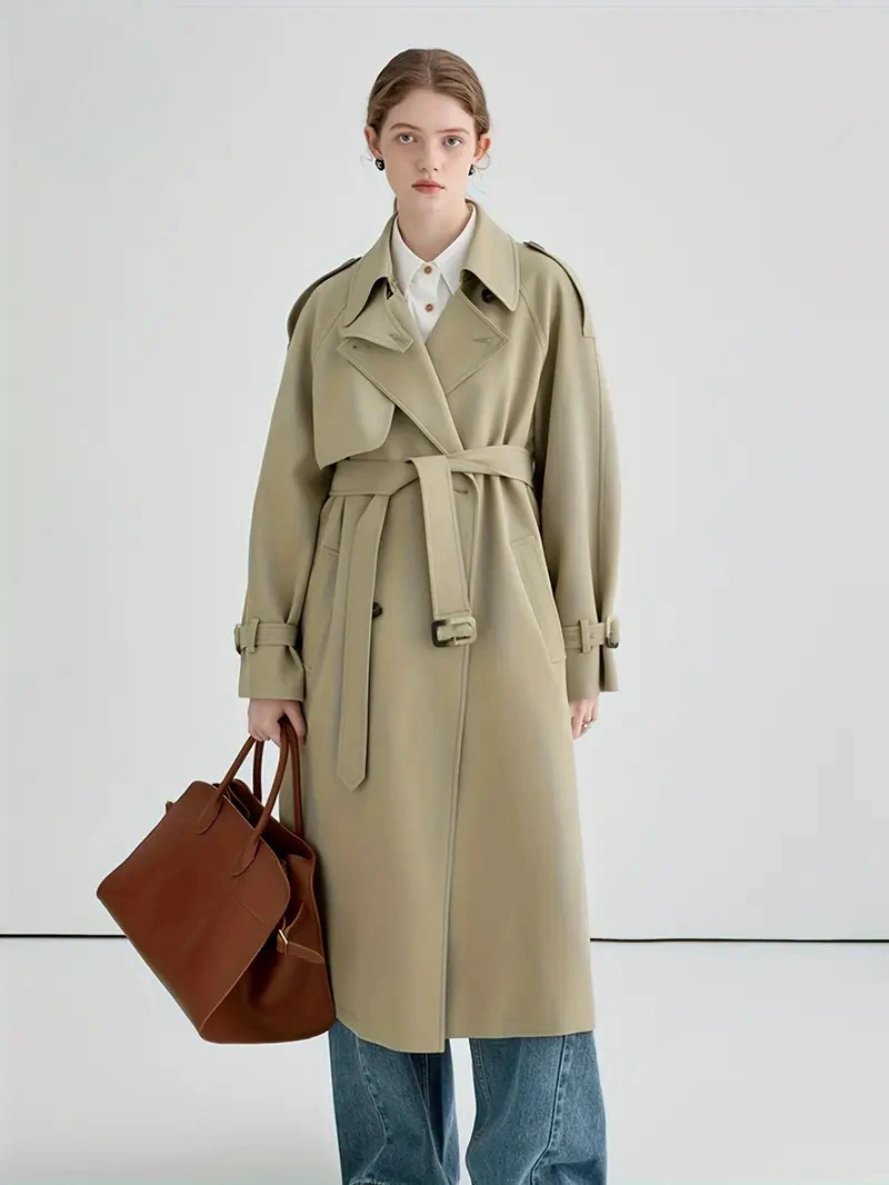 Damski trencz, elegancki, smukły, modny, prosty, długi, wszechstronny, z paskiem