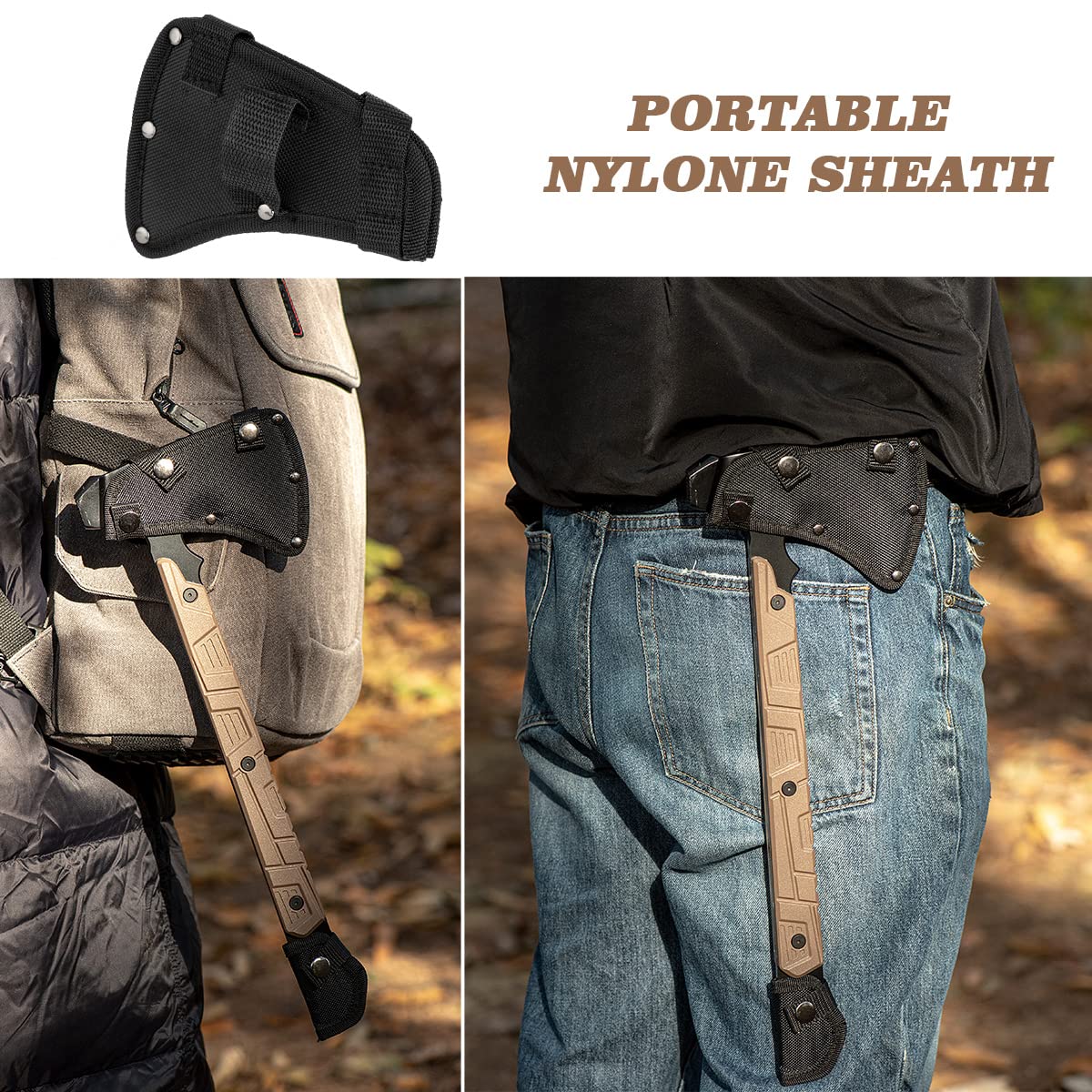 17,5 colių kempingo kirvis Tomahawk su nailoniniu apvalkalu, taktinis ir išgyvenimo kirvis su plaktuku, skirtas kirviui mėtyti, žygiams lauke ir medžio pjaustymui