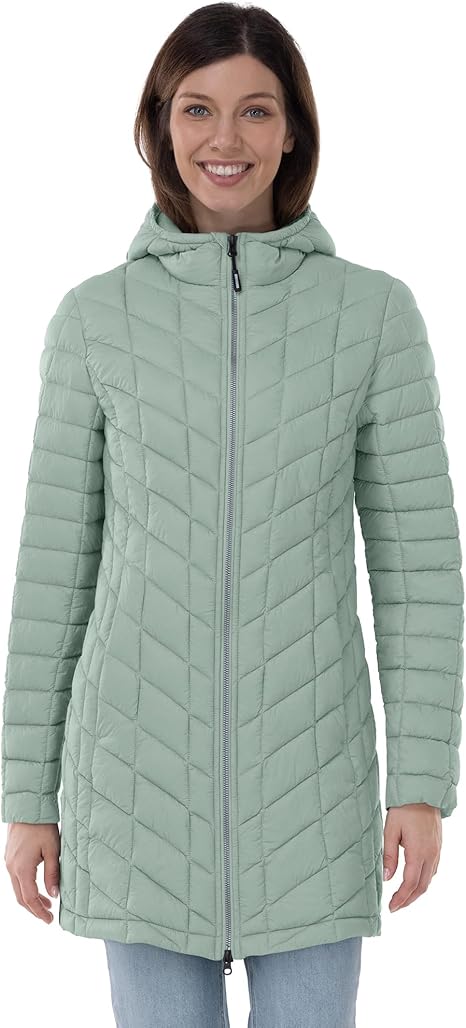 Damski, ultralekki, ciepły, długi, puchowy płaszcz z kapturem