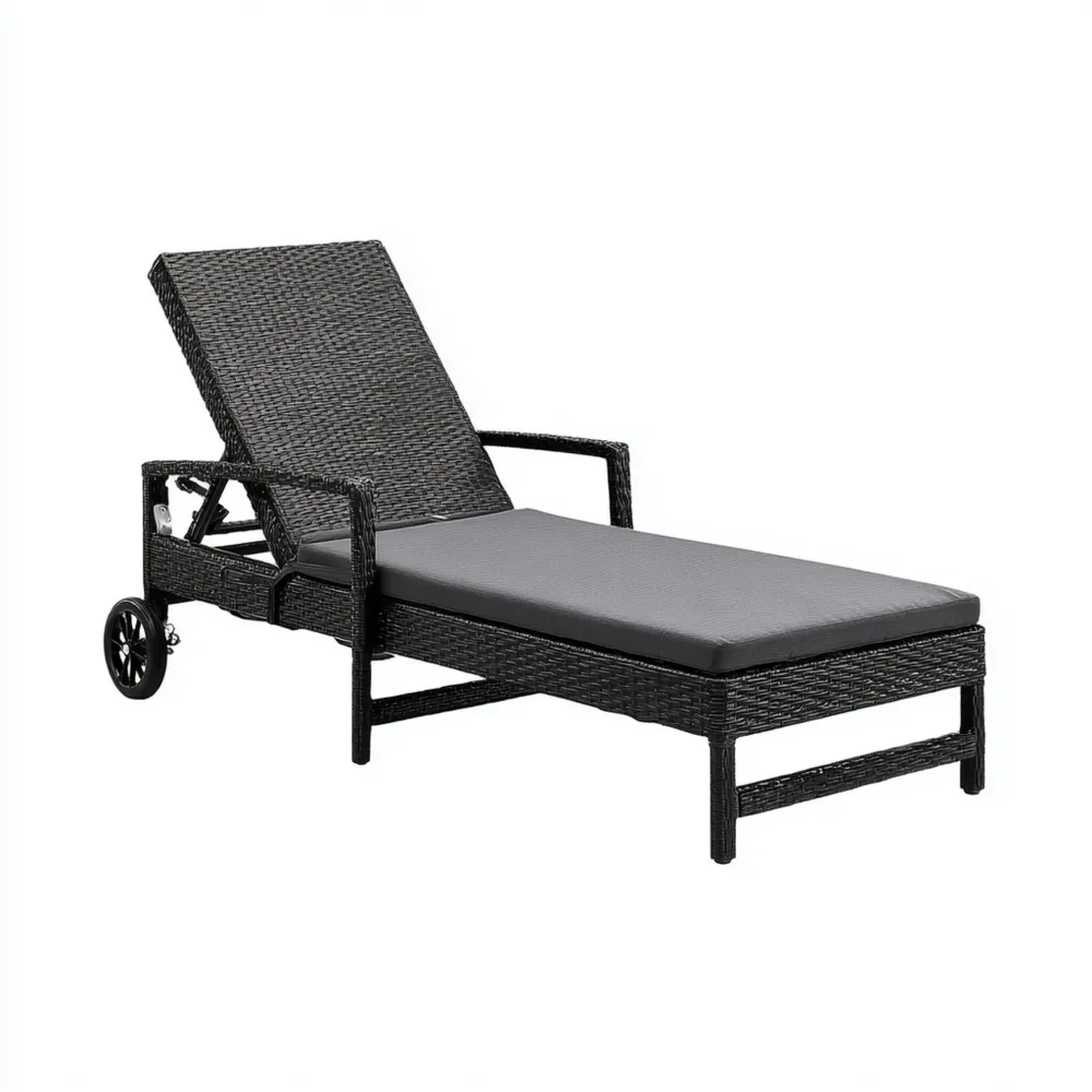 Lettino prendisole Rattan Nero 200x65x40 cm Regolabile con Cuscino Grigio