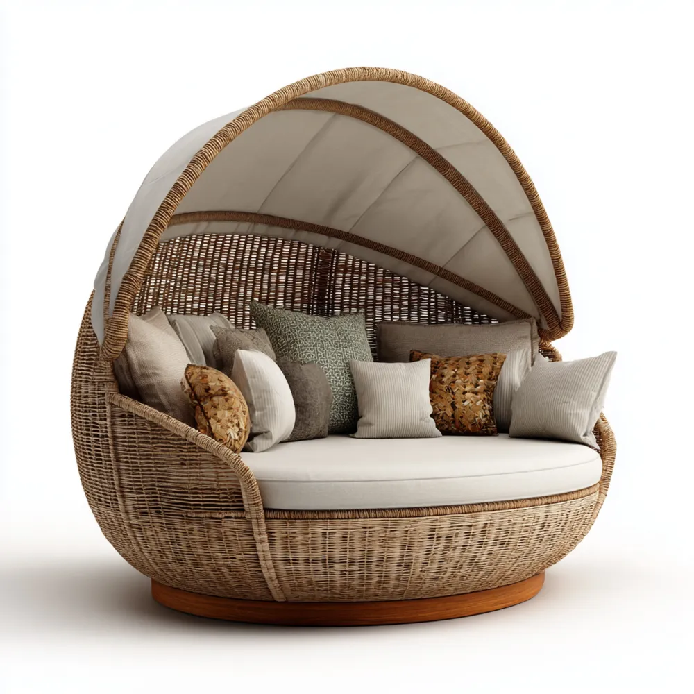 Chaise longue de jardin en rotin 120x120x180 cm – Naturel/Beige – Design Contemporain