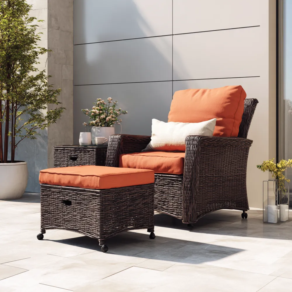 Fauteuil de jardin en rotin 85x85x74 cm avec repose-pieds et coussins Orange