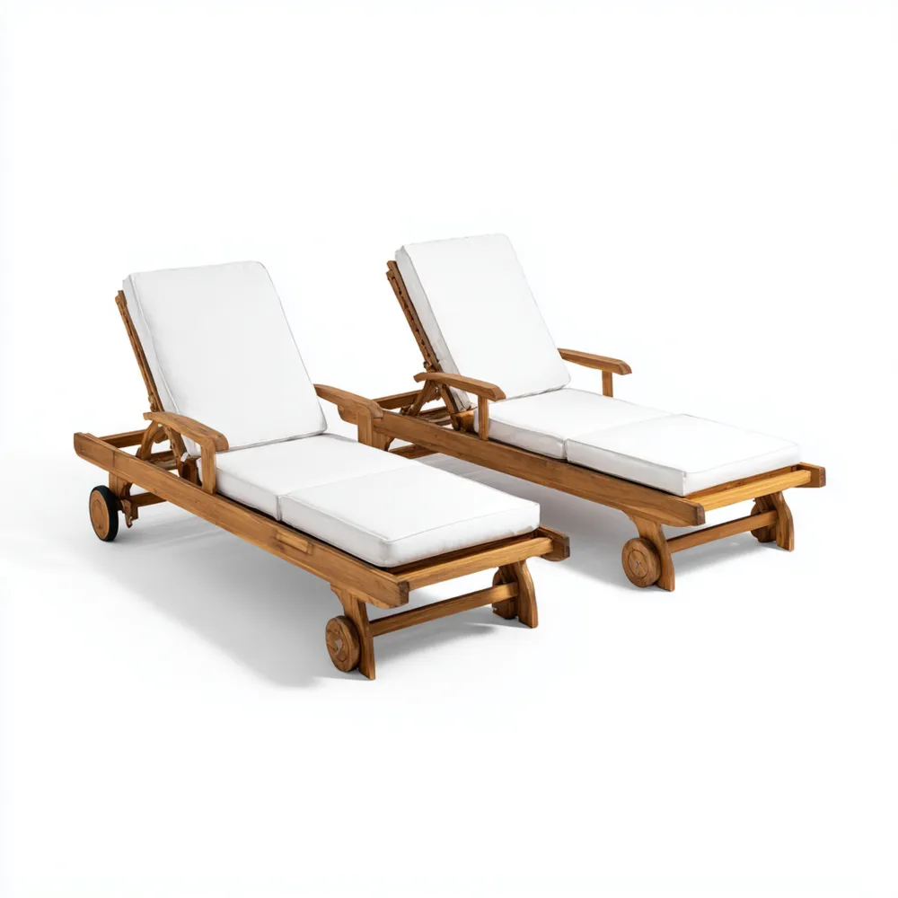 Chaise longue de jardin en teck 200x65x30 cm avec coussins Blancs – Design moderne