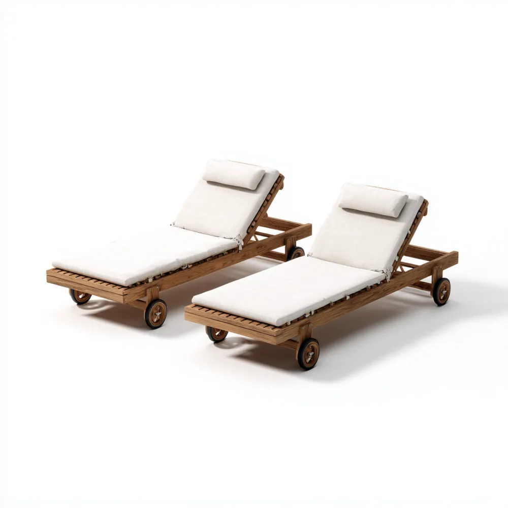 Chaises longues de jardin en bois 200x65x30 cm – Coussins Blancs – Design Classique