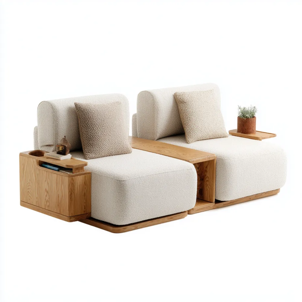 Divano due posti 180x85x75 cm - Tessuto morbido Beige - Design moderno con tavolini laterali in legno-Cozyhomelyx
