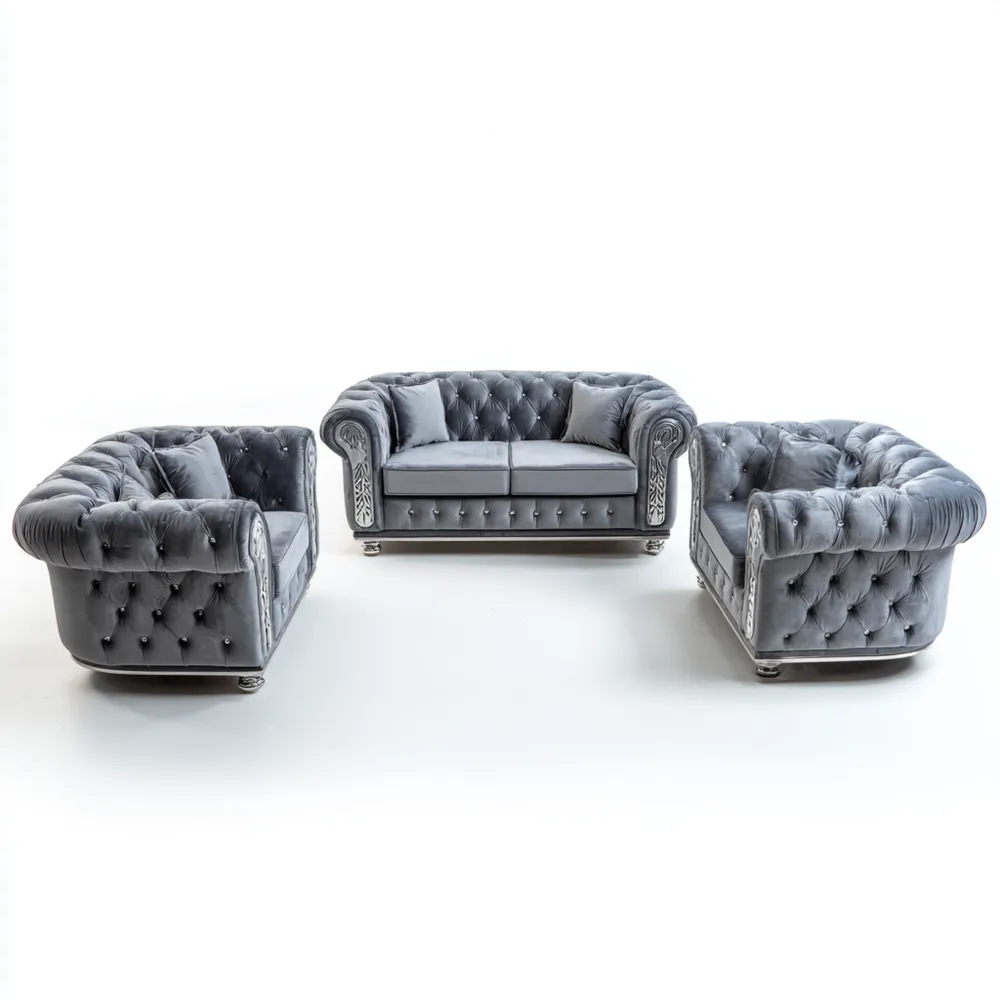Set di divani in velluto 200x95x80 cm Grigio trapuntato – Design classico-Cozyhomelyx