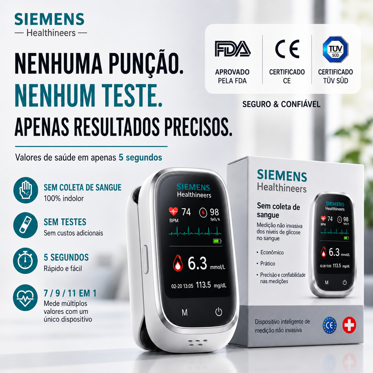 🩸 Medidor de glicose Siemens™ 11 em 1 sem perfuração   Sem picadas • Sem tiras de teste • Resultado em apenas 5 segundos