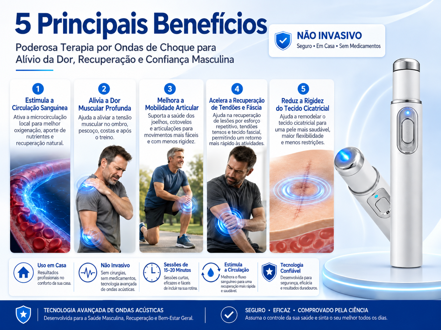 A terapia avançada por ondas de choque acústicas restaura a saúde do tecido peniano e melhora a rigidez da ereção, a resistência e a confiança no desempenho masculino, além de aliviar as dores musculares, a rigidez articular e as dores nos tendões.