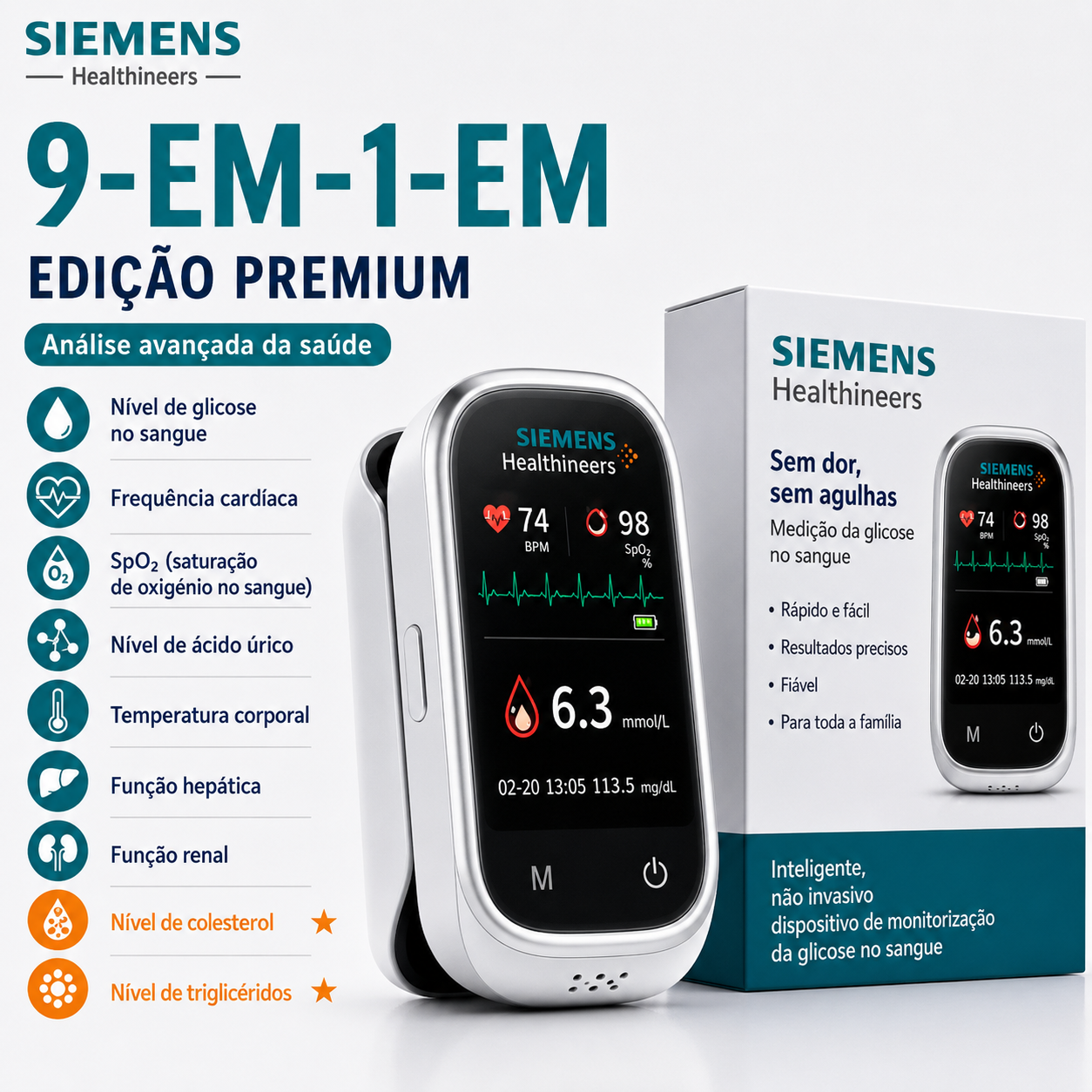 🩸 Medidor de glicose Siemens™ 11 em 1 sem perfuração   Sem picadas • Sem tiras de teste • Resultado em apenas 5 segundos