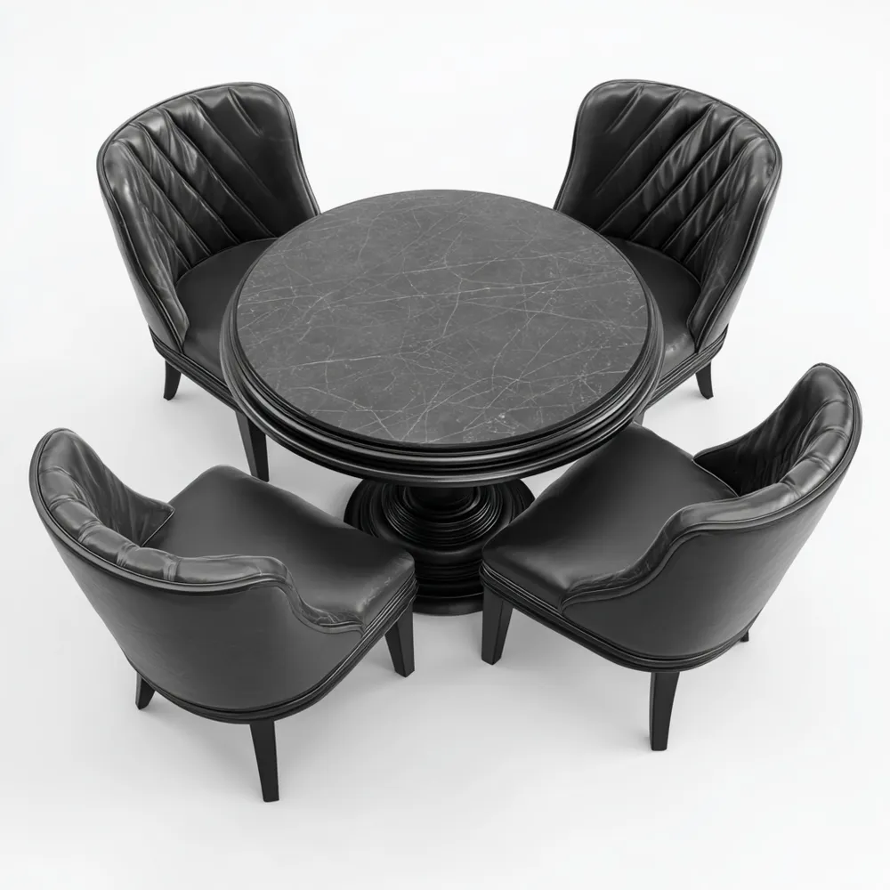Ensemble Table et Chaises Ronde en Marbre et Cuir Noir 120x120x75 cm - Design Élégant-Homevinora