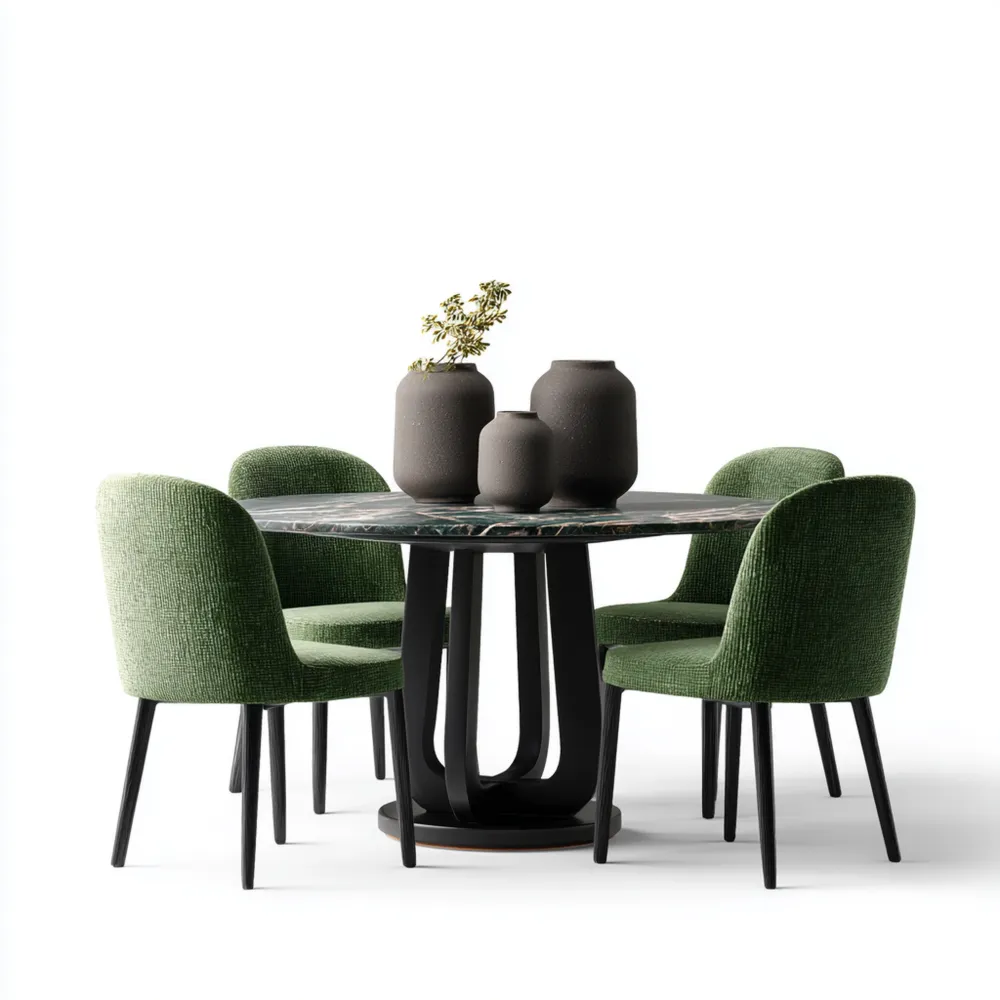 Ensemble table ronde en marbre 120x120x75 cm et chaises en tissu Vert/Noir – Design moderne-Homevinora