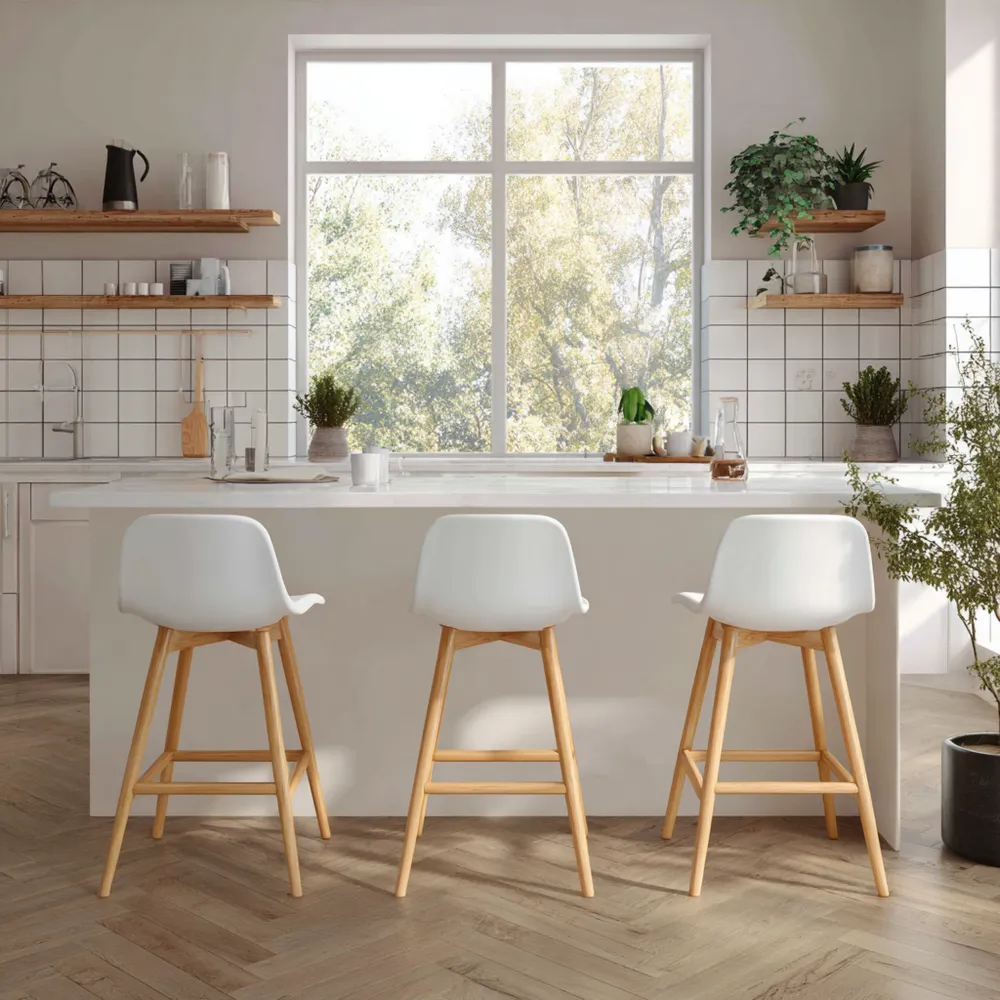 Tabouret de bar en plastique 42x40x75 cm avec pieds en bois - Blanc - Design moderne-Homevinora