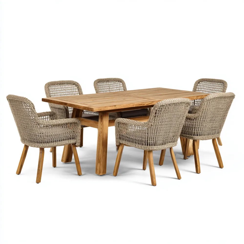 Ensemble table et chaises de jardin en teck et résine tressée - 180x90x75 cm - Naturel - Design moderne-Homevinora