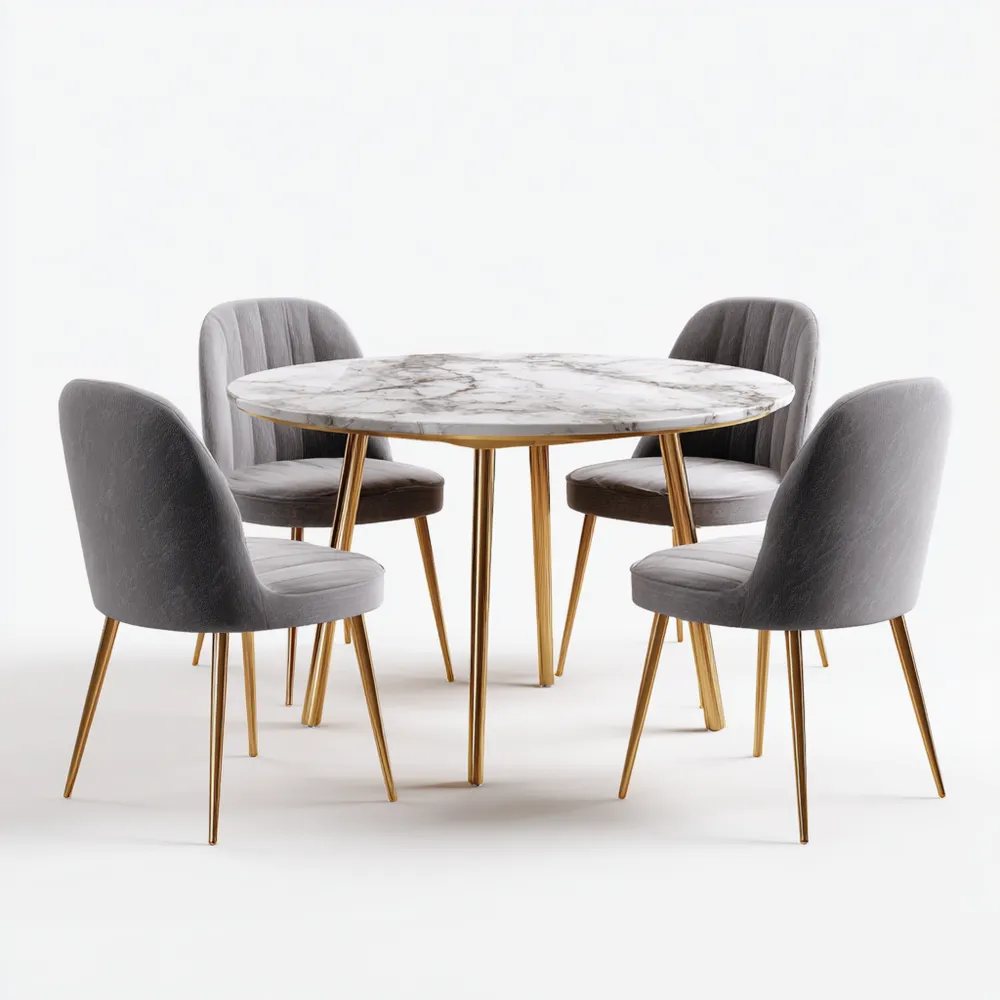 Ensemble table et chaises Rond en marbre 120cm x 120cm x 75cm - Gris et Or - Design Contemporain-Livinsource