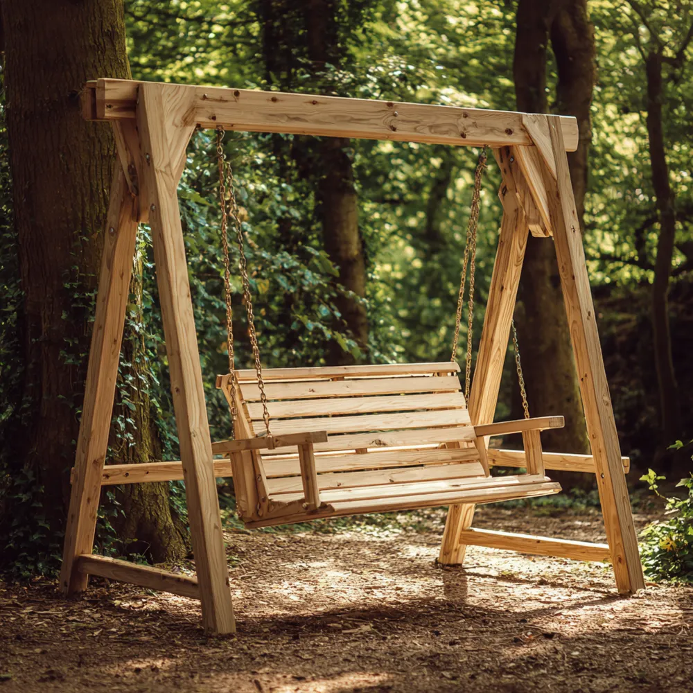 Altalena da giardino in legno massello 150x90x180 cm con catene e supporto resistente - Colore Naturale-Smoothmodule