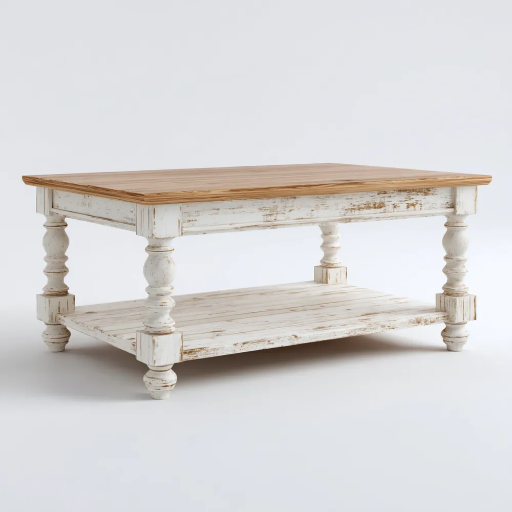 Tavolino da caffè in legno 120x60x45 cm – Bianco Anticato – Design Rustico-Smoothmodule