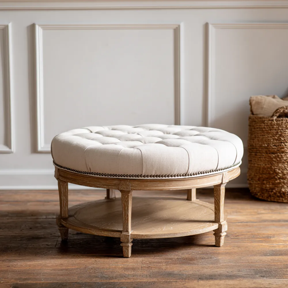 Tavolino da caffè tondo in legno imbottito 80x80x45 cm - Beige - Stile classico-Livorento