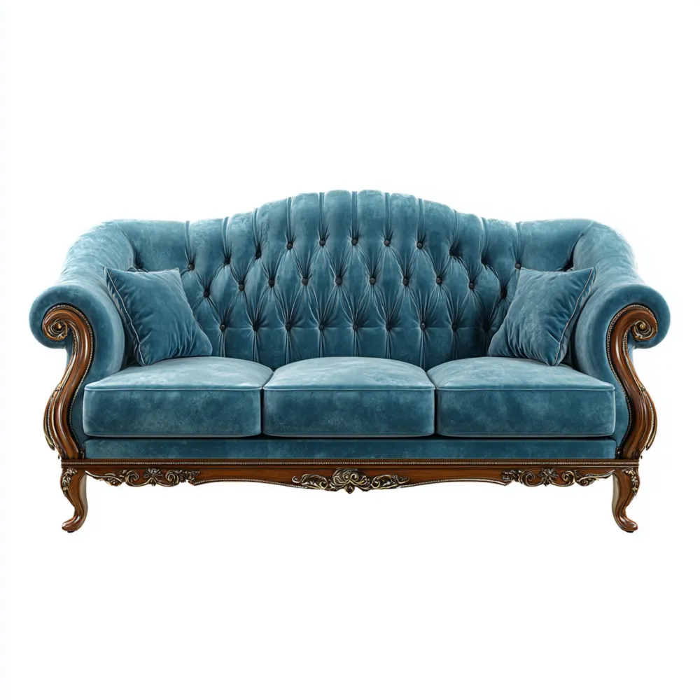 Divano a tre posti in velluto Blu 200x90x100 cm con dettagli in legno intagliato – Design classico-Livorento