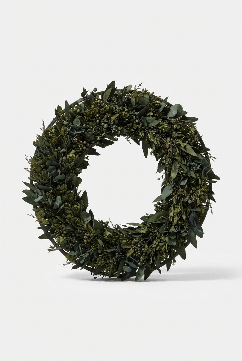 Small greenery wreath styled as a table centerpiece