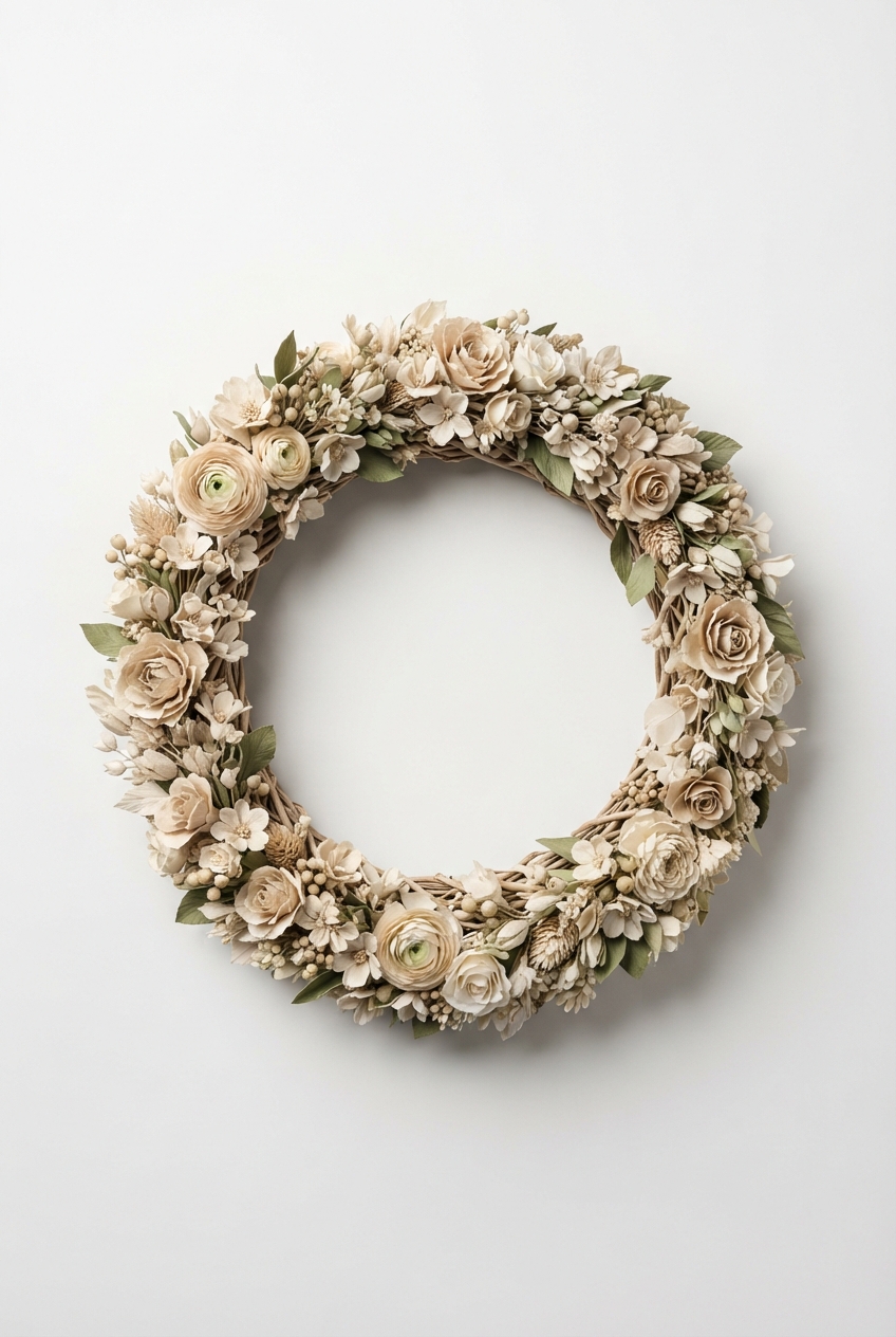 Neutral floral garland arranged in a gentle curve