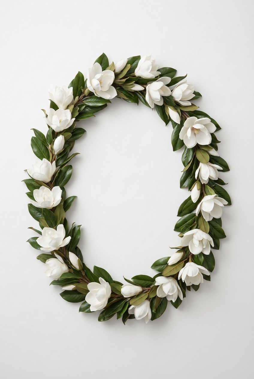 Magnolia flower garland arranged in a loose curve