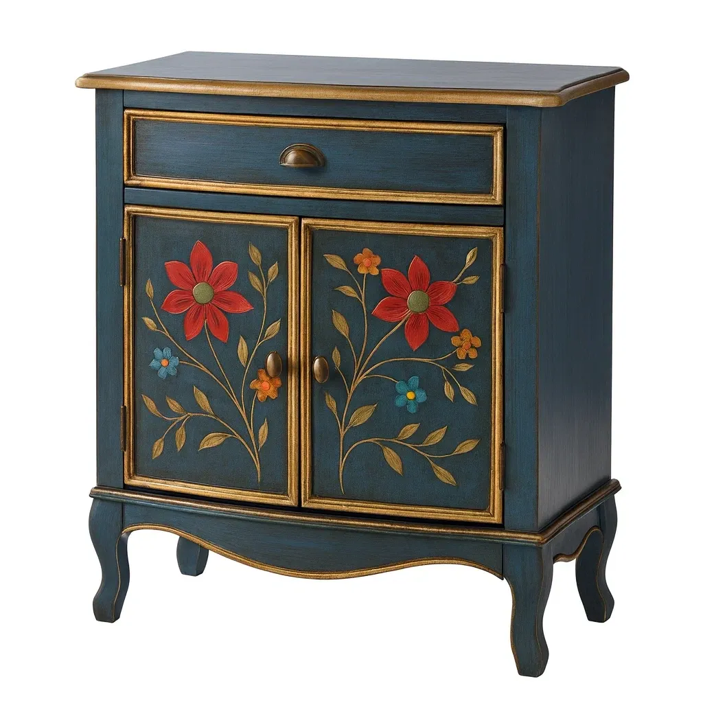 Armadio contenitore in legno massello dipinto a mano con motivi floreali blu-pureflairzz