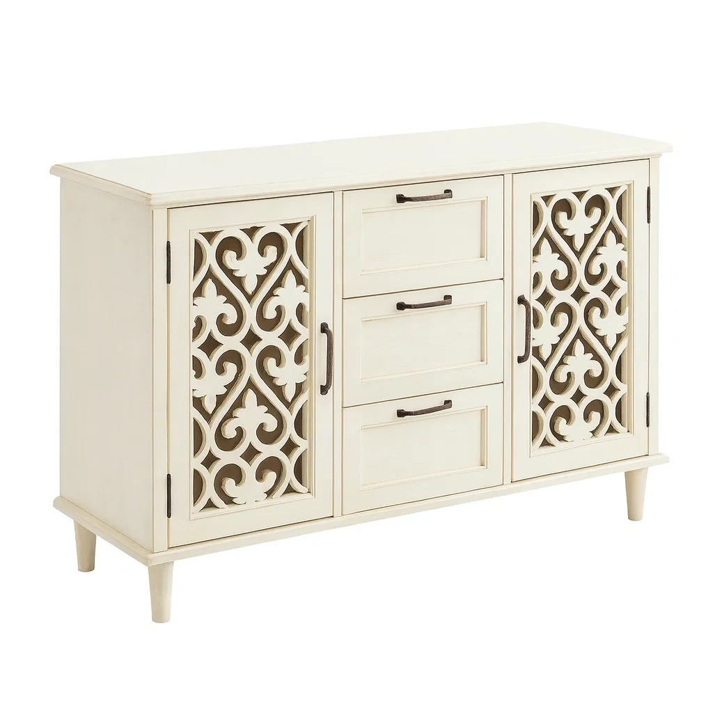 Armadio contenitore in legno MDF bianco con decorazioni intagliate 120x35x80 cm-pureflairzz