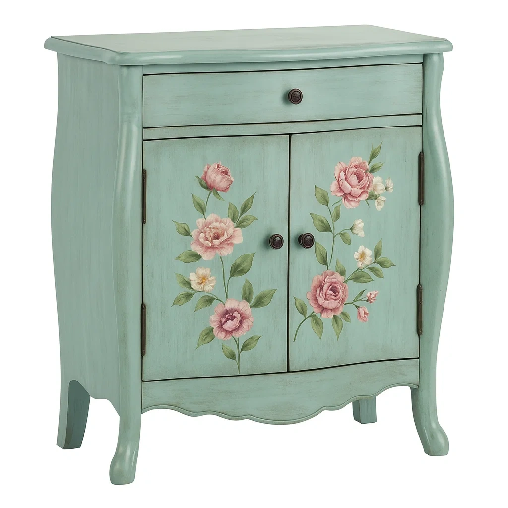 Armadio contenitore in legno con fiore dipinto a mano verde, 1 cassetto e 2 ante-pureflairzz