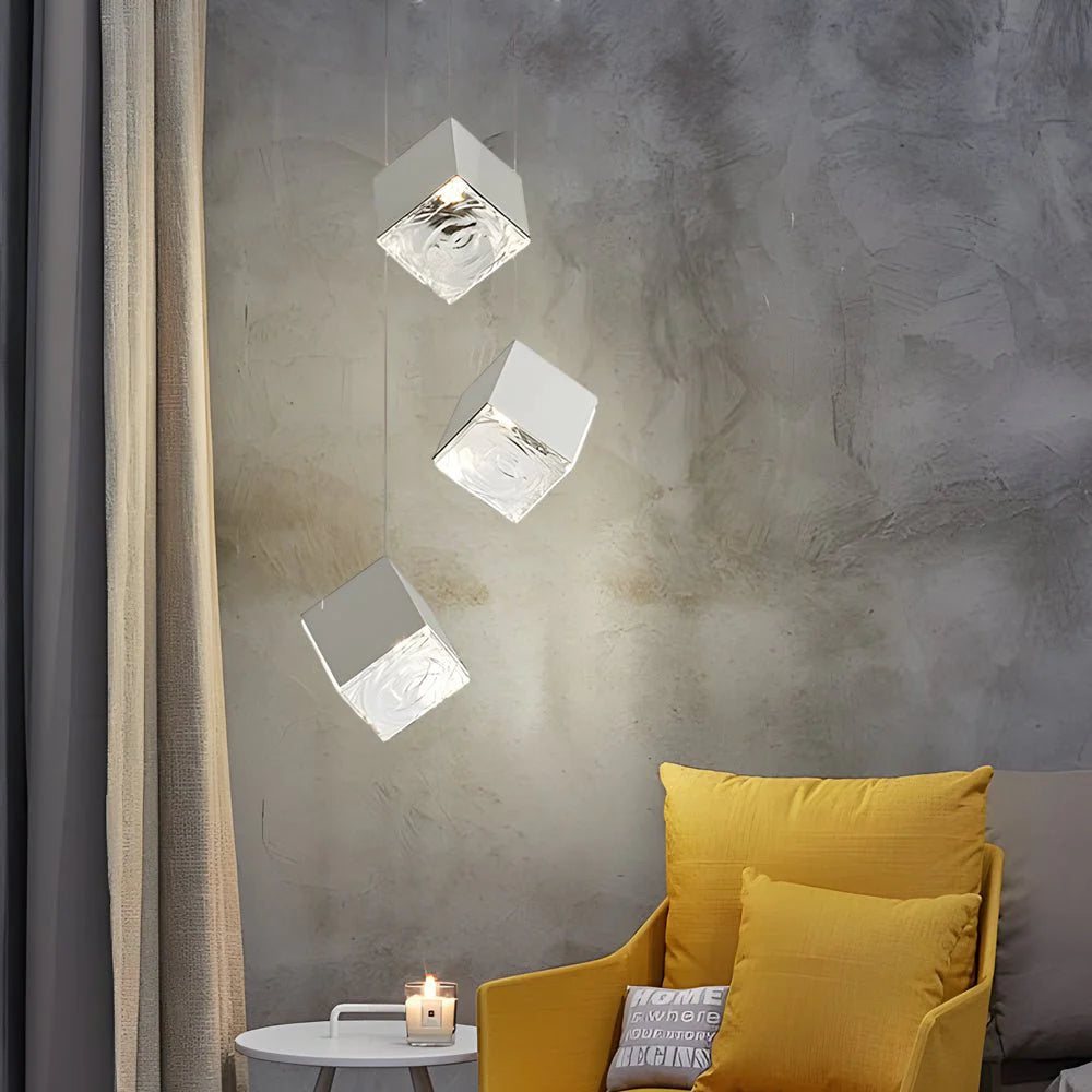 1/3/6/9-Light Multi Glass Ice Cube Metallic Staircase Chandelier