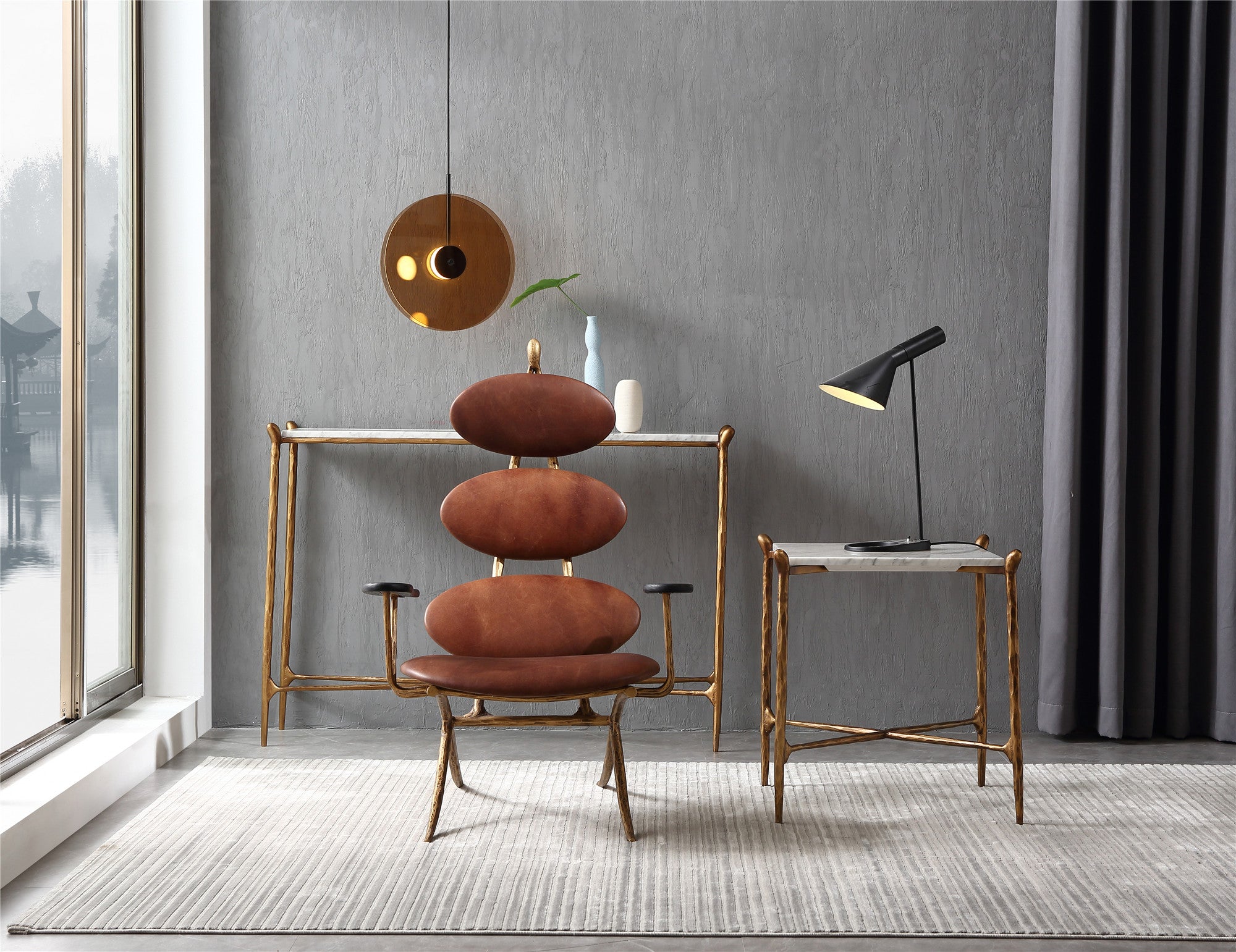 Thalderus High Back Brown Leather Lounge Accent Chair