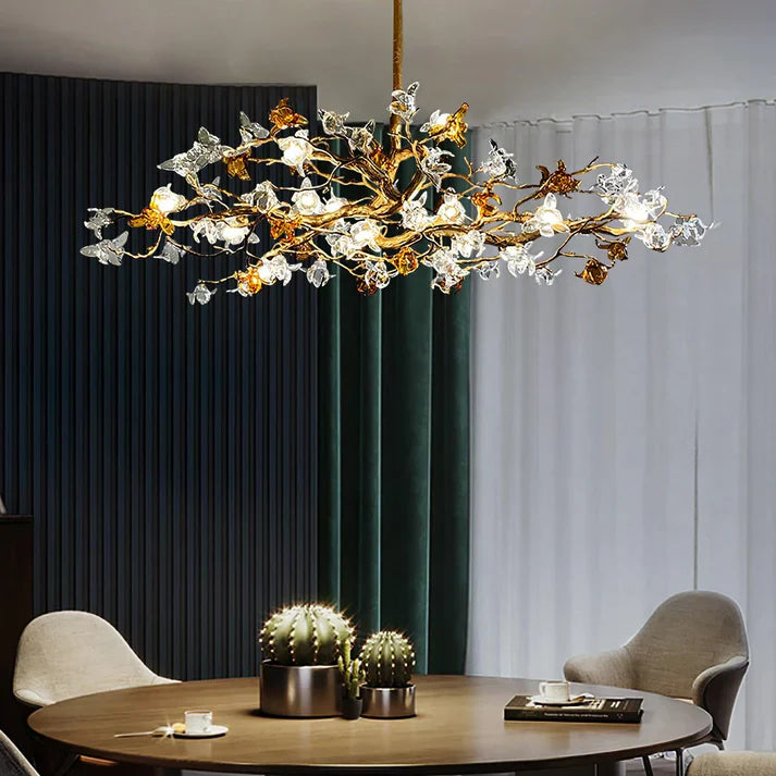 Aosta Orchid Branch & Crystal Bloom Brass Chandelier