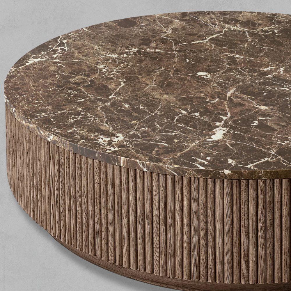 Mulhollan Oak Wood & Stone Round Coffee Table