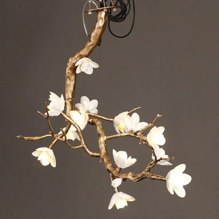 Magnolia Branch & Brass Floral Chandelier