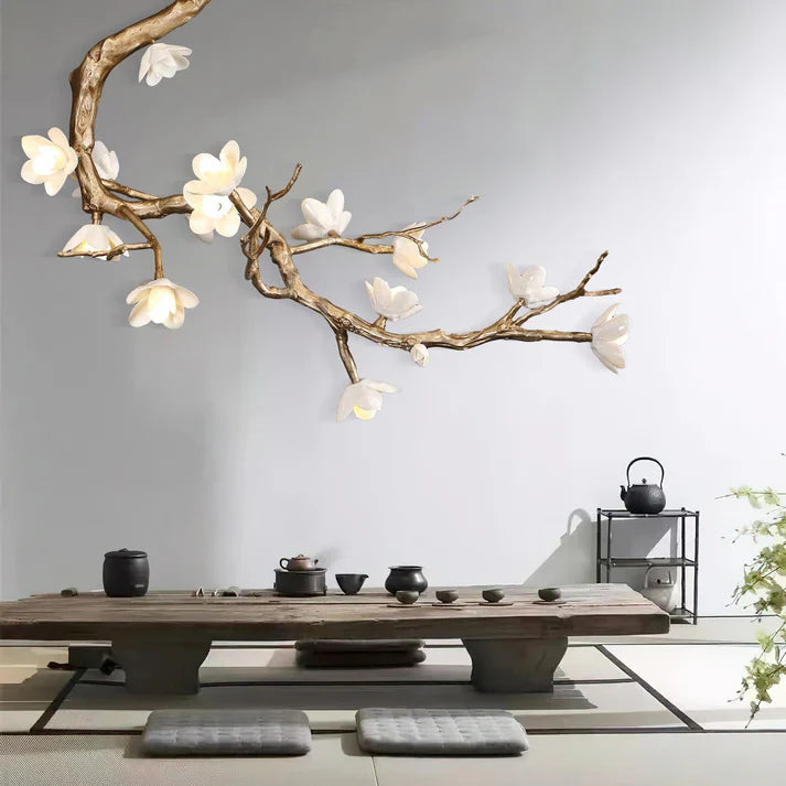 Magnolia Branch & Brass Floral Chandelier